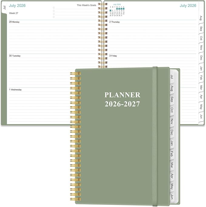 2026-2027 Planner - 8.5" x 11" Weekly Monthly Planner from July 2026 to June 2027 with 12 Monthly Tabs, Inner Pocket, Elastic Closure, Green