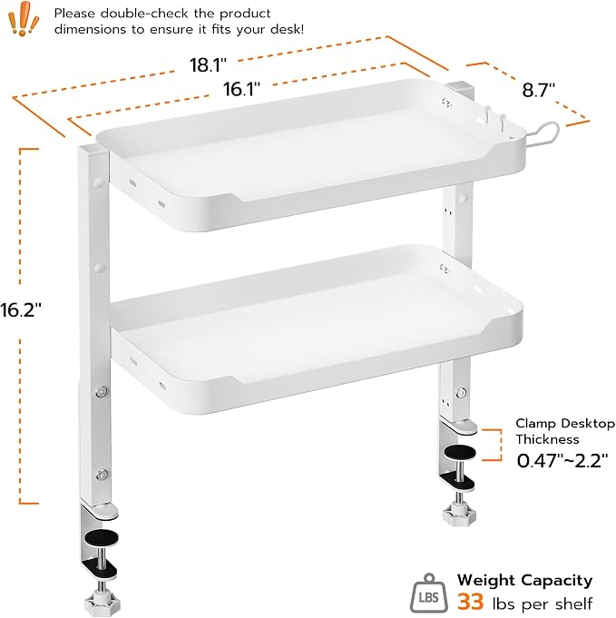 ARES WING 2-Tier Clamp On Desk Shelf, 16 inch Adjustable Above or Under Desk Storage Shelves Holds 66 lbs, Heavy Duty Desktop Organizer with Headphone Holder for Working and Gaming Accessories, White