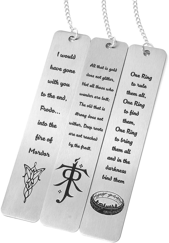 3Pcs Fantasy Bookmark Set - Metal Bookmarks with Elvish Leaf Pendant, Sword Charm & Evenstar Engraving, Epic Quotes Carved Jewelry for Book Lovers, Dark Academia Gifts for Readers (3Pcs-Silver)