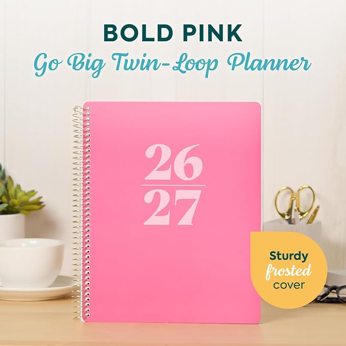 GO BIG Large-Print Planner April 2026–June 2027, 15-Month Twin-Loop-Bound Agenda Planner, Big Size, 8.5" x 11", Easy-to-Read Large Dashboard Layout, Bold Pink Cover