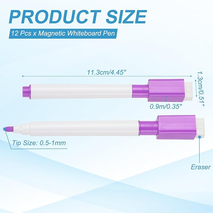PATIKIL Whiteboard Pen, Fine Tip Dry Erase Purple White Board Markers with Eraser Whiteboard Calendar Supplies for Classroom Office, 12 Pcs, 0.5-1mm Tip