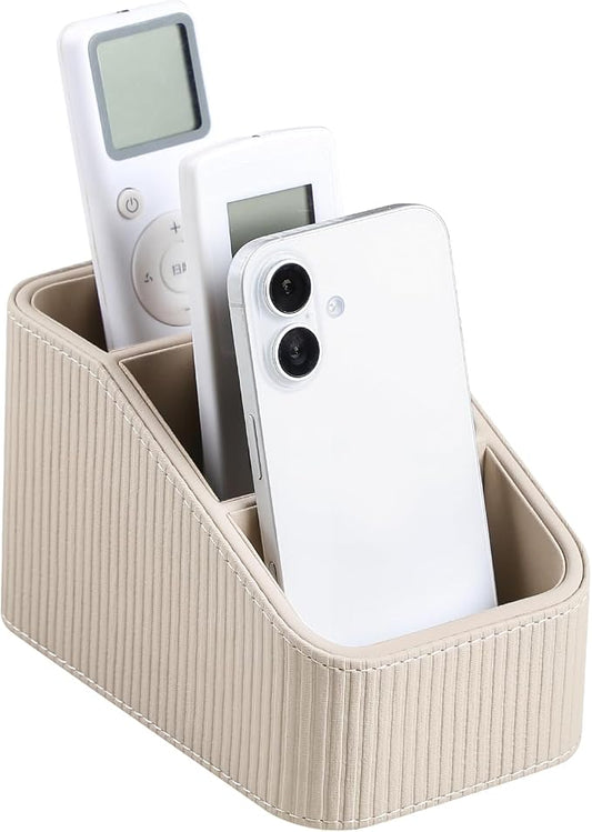 Remote Control Holder, PU Leather Nightstand Organizer Bedside Caddy with 3 Compartments, Small Desk Organizer for Remote/Pen/Glasses/Phone (Beige)
