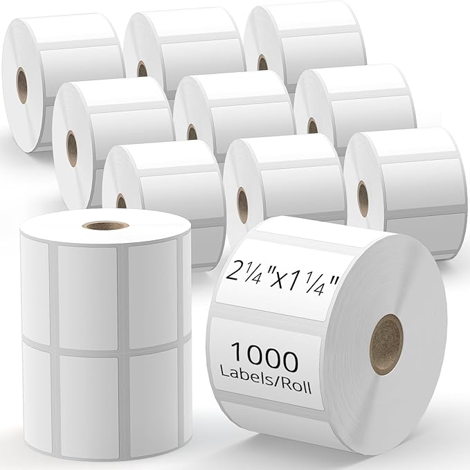2.25" x 1.25" Direct Thermal Labels – White Peforated Barcode Label Compatible with Zebra, Rollo, MUNBYN Thermal Printers for FBA, UPC, FNSKU Labe | 12 Rolls (1000/Roll) – Total 12000 Labels