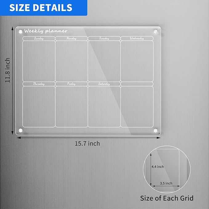 AITEE Acrylic Magnetic Weekly Calendar for Fridge, 16"x12" Inches Clear Weekly Planner for Refrigerator Includes 6 Dry Erase Markers with 3 Colors