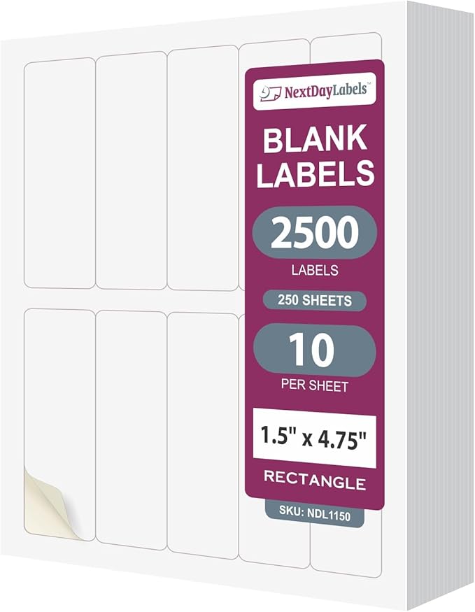 NextDayLabels 1.5x4.75 Inch Rectangle Stickers White Blank Labels for Laser Inkjet Printer - 10 Per Sheet Self-Adhesive Unique Size Label Made in USA - 2500 Labels