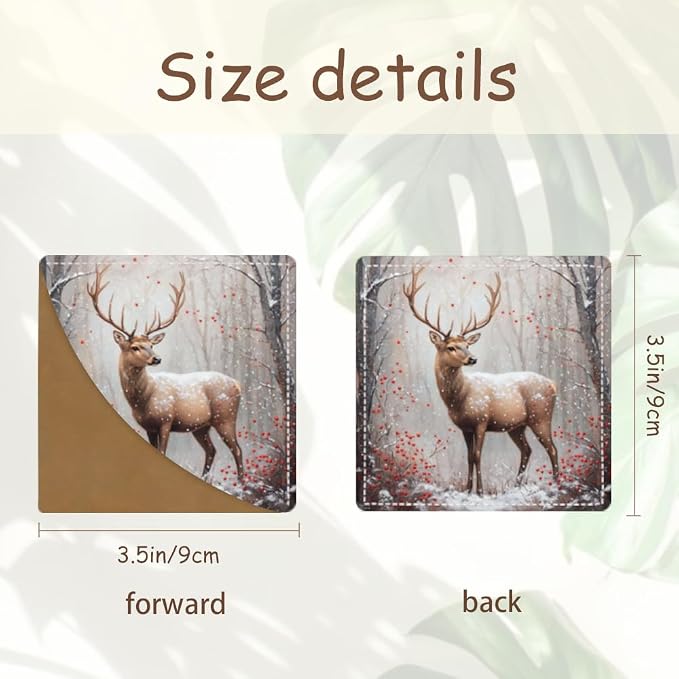 2PCS PU Leather Bookmarks 3.5x3.5 Inch Deer Winter Forest Design | PU leather bookmarks with deer winter forest design for novels, journals, planners, students and book lovers.