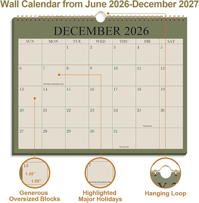 Calendar 2026-2027 - 19 Months Wall Calendar from June 2026 to December 2027, 2026-2027 Wall Hanging Calendar Planner with Thick Paper, 8.5" x 11", Beige