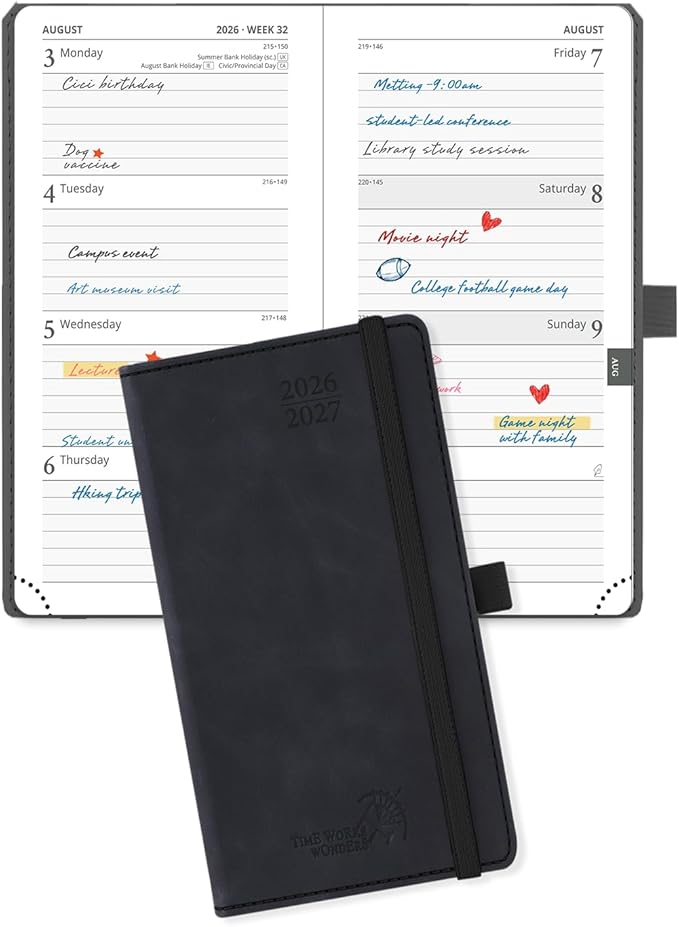 POPRUN 2026-2027 Pocket Weekly Planner for Purse, 3.5" x 6.5" Slim Size, Small Calendar from August 2026 to December 2027, Hardcover Appointment Book with Horizontal Layout, Monthly Calendar, 70 GSM Paper - Black