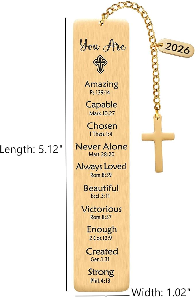2026 Religious Bible Verses Bookmark with Cross Charm, Faith-Based Gift for Readers, Stainless Steel Christian Affirmation Book Mark, Bible Confirmation Accessories for Him Her, Gold