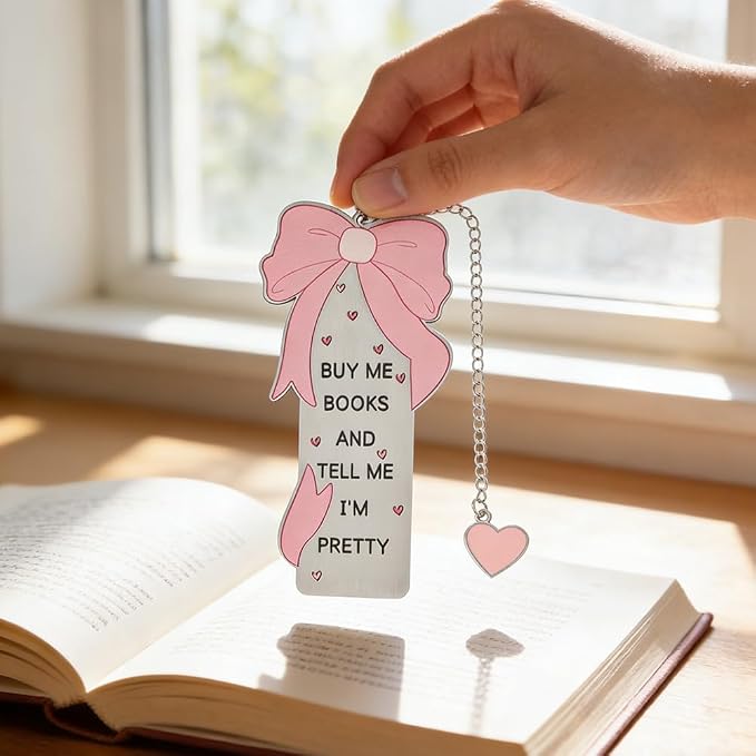 Pink Bow Metal Bookmark Gift Silver Chain Pendant with Bow for Women's Christmas Gift Book Lover Book Accessories School Supplies Office Stationery (Cute Bow Bookmark)