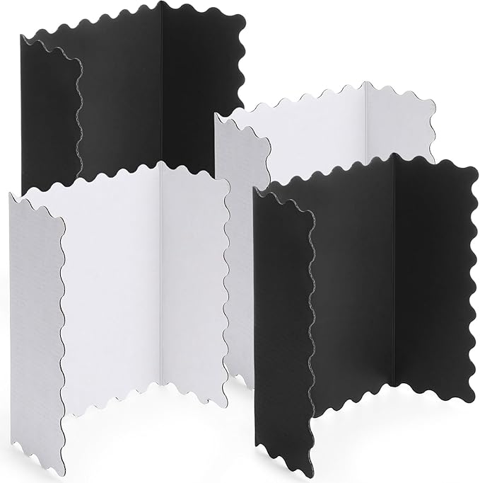 Mooliwe 4 Pack 21" x 14" Trifold Poster Board Black White Corrugated Scalloped 3 Fold Small Display Boards Foldable Business Paper Board for Presentation Science Fairs Event School Projects