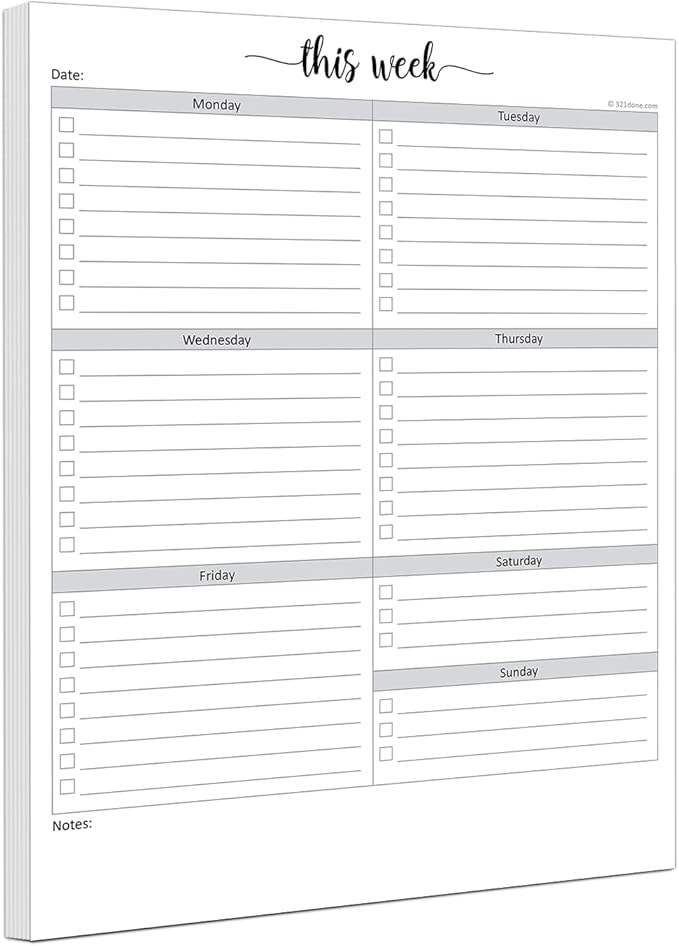 321Done Weekly Checklist Planning Pad - 50 Sheets (8.5" x 11") - This Week to Do Notepad Tear Off, Desktop Planner Large Letter-Size - Made in USA - Simple Script