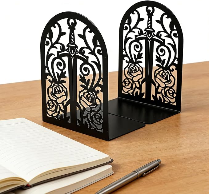 Book Ends, Bookends, Book Ends for Shelves, 2Pair Non Skid Metal Book Divider Decorative Holder, Abstract Art Desgin Book Stopper Supports for Office, Home (Sword Rose)