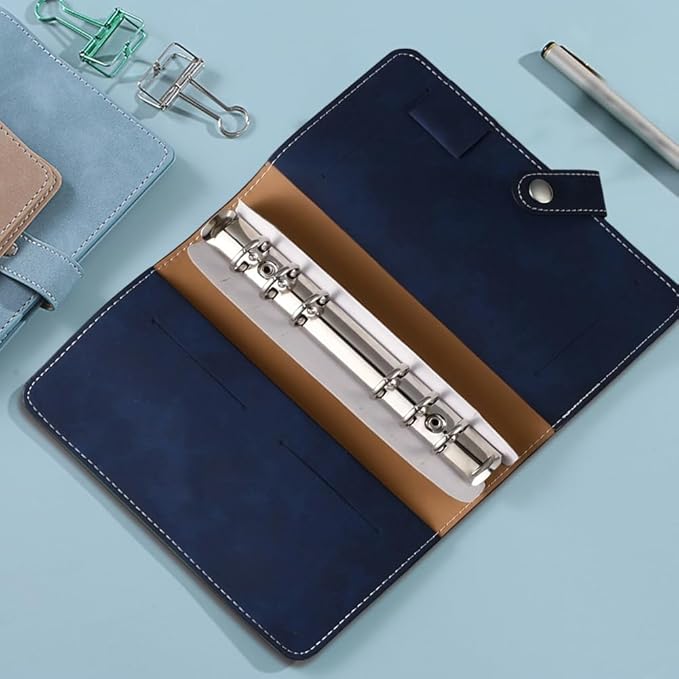 A6 PU Leather Binder Cover Refillable Soft Cover Travel Journal Notebook Protector Folder 6 Ring Planner Cover Loose Leaf Binder with Divider Pocket for Meeting Filler Paper Cash (Dark Blue)