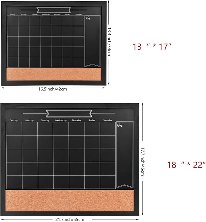 Chalkboard Calendar and Bulletin Combo Board. 13" x 17" Black Wooden Frame，Magnetic Chalkboard.Perfect for Office, Home School Message Board,HBZHB-BK3442-US