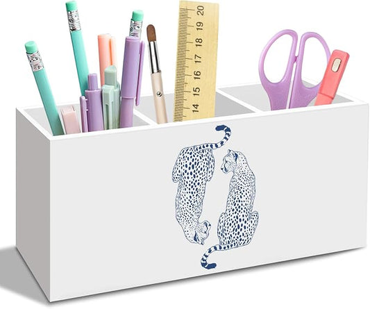Blue Leopards Pen Pencil Holder for Desk, Trendy Cheetahs Office Desk Accessories, Preppy Leopard Pen Holders Organizer for Office Classroom Bathroom