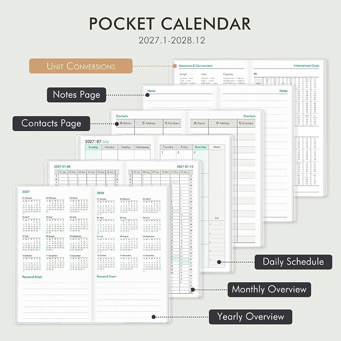 Pocket Calendar 2027-2028 for Purse, Small Pocket Planner 2027-2028 for Purse 3.5×6.5In, 24 Month Organizer from Jan 2027- Dec 2028 Mini Planner with Pvc Cover for Organizing & Planning