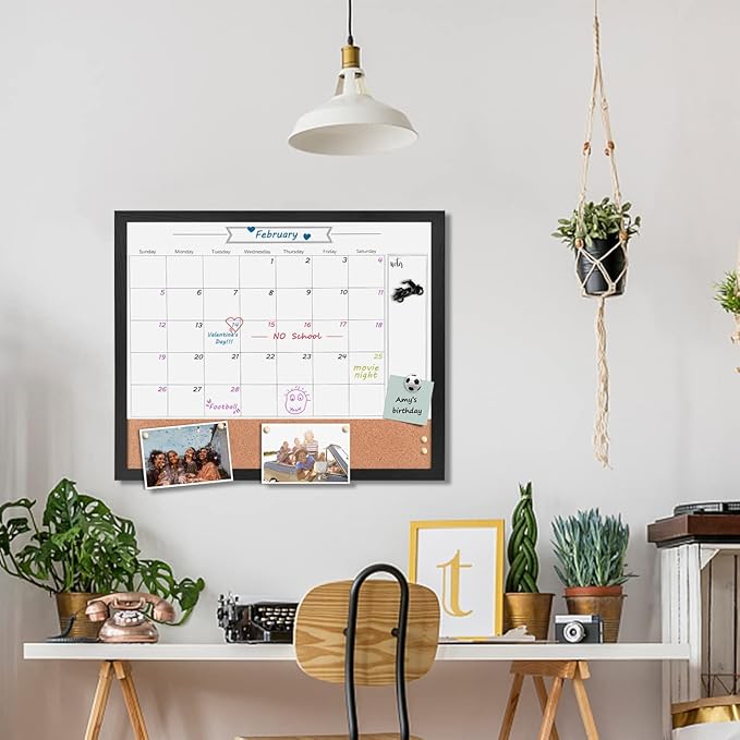 Dry Erase Calendar Whiteboard for Wall, Combination Magnetic Dry Erase White Board & Bulletin Board, 17.7" x 21.6" Black Wood Framed Calendar/Cork Combo Board(BK-4555)