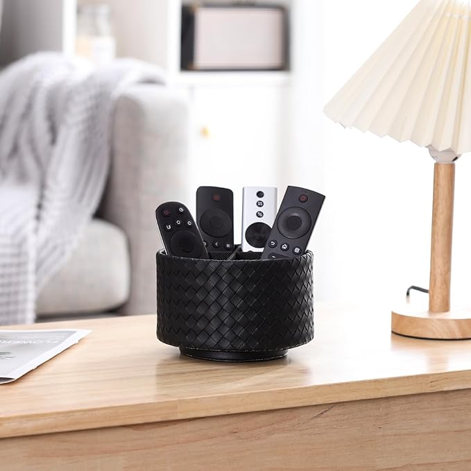 Spinning Pencil Holder, PU Leather 360 Degree Rotating Remote Control Holder for Table with 4 Compartments, Cute Pen Holder Desk Organizer, Black PH116