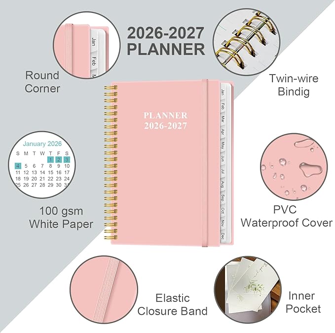 2026-2027 Planner - Academic Planner 2026-2027 from July 2026 to June 2027, Weekly Monthly Planner 2026-27 with 12 Monthly Tabs, Inner Pocket, 6.4" x 8.5", Pink