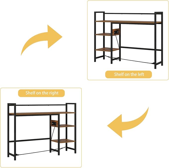 Book Shelf with 3 Tier Open Shelf, Bookcase with Light Strip and Outlet, Bookshelf & Desk Shelfs for Computer Desks, Desk Hutch Bookshelfs for Home Office Adjustable Desktop Shelf Rustic Brown