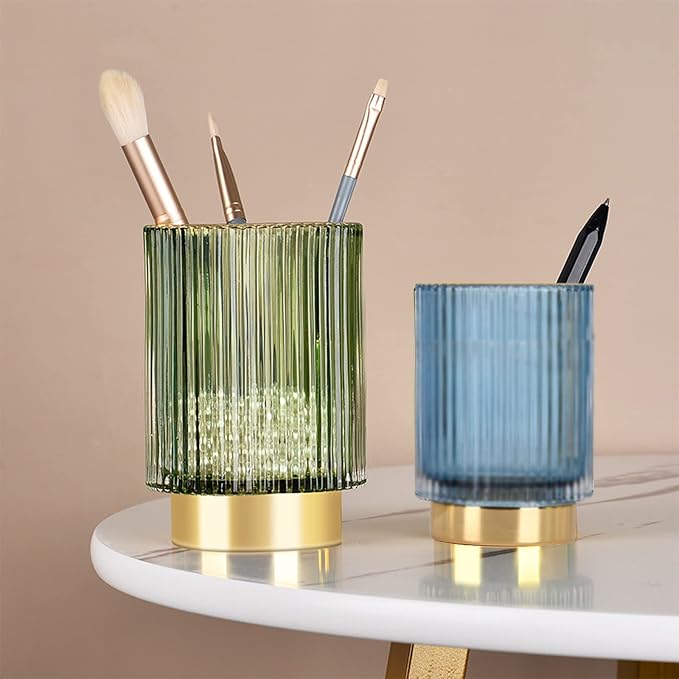 Thick Glass Pen Pot Cute Decorative Pencil Holder Cup for Desk Makeup Brush Holder for Home Office (Green)