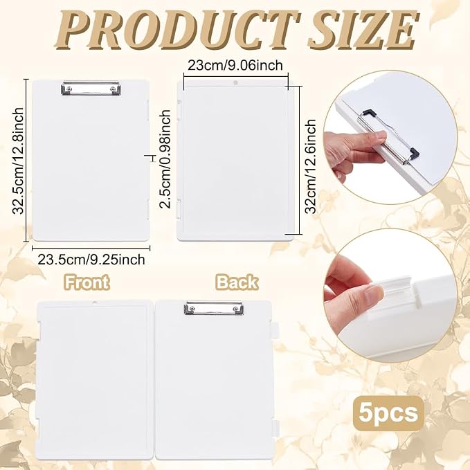 FINGERINSPIRE 5Pcs Clipboard with Storage 9.06x12.6 inch Plastic Clipboard with Metal Clip Teacher Clipboards with Side-Opening Design High Capacity Clip Boards for Office Hospital Use