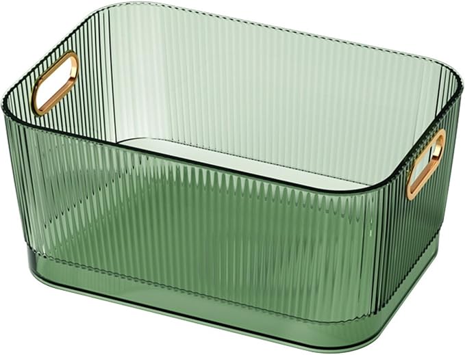 POCREATION Acrylic Storage Bin Clear Green Transparent Desktop Organizer with Convenient Handle for Skincare Products Cosmetics Accessories (M (23x16x10.2cm/9.06x6.30x4.02in))