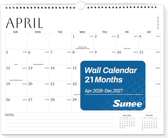 SUNEE Wall Calendar 2026 21 Months Apr. 2026 - Dec. 2027, 14.5"x11.5" Big Grid Hanging Calendar with Note for Organizing & Planning, Monthly Calendar 2026-2027 with Last Month and Next Month, White