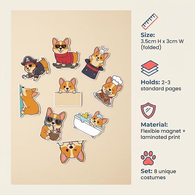 Corgi Peeking Magnetic Bookmarks Set of 8, Cute Dog Bookmark Clips with Funny Costume Designs, Magnetic Book Marks for Books, Planner & Journals, Gifts for Dog Lovers Women, Corgi Gifts
