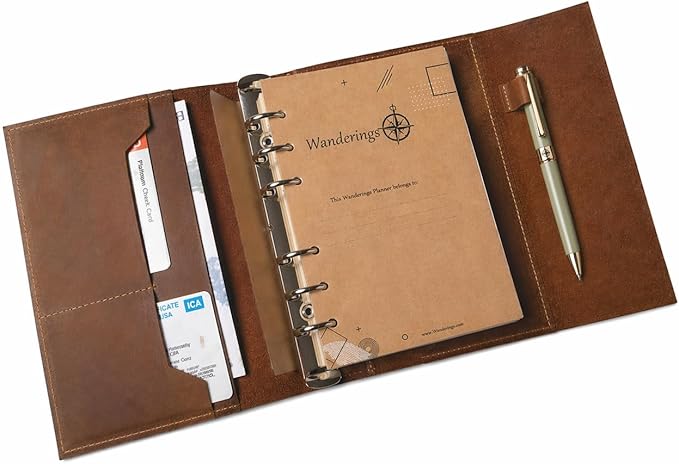 Wanderings A5 Leather Binder Planner – Refillable 6-Ring Journal with Inner Pockets – Genuine Leather, Filofax Compatible – Undated 52+ Weekly Calendar – 6.75" x 9" (17 x 22.5cm)