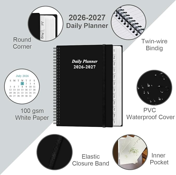 Daily Planner 2026-2027 Full Page Per Day- 2026-2027 Daily & Monthly Planner from July 2026 to June 2027, Day Planner 2026-27 with 12 Months Tabs, 8.5" x 11", Black