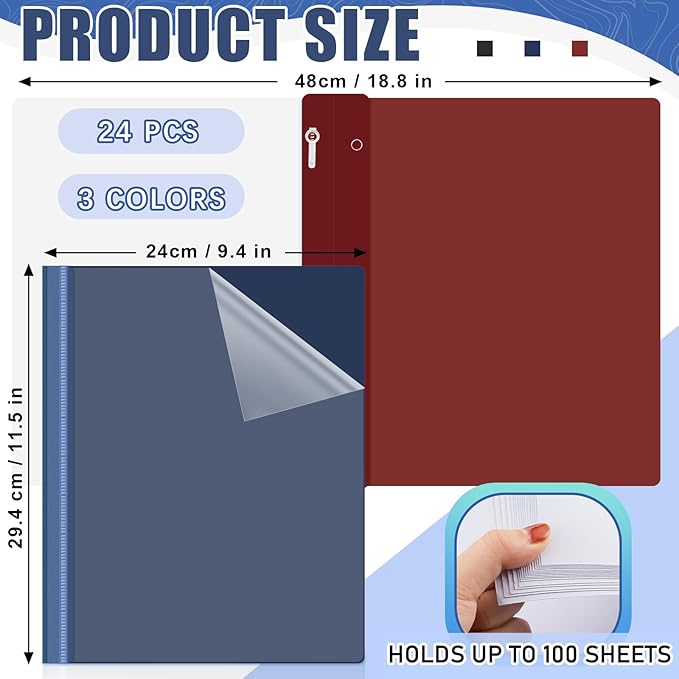 Teling 24 Pcs Clear Front Report Covers with 3 Prongs Presentation Folders Plastic Resume Portfolio Report Letter Size Presentation Binder for Paper Document School Office(Black,Navy Blue,Dark Red)