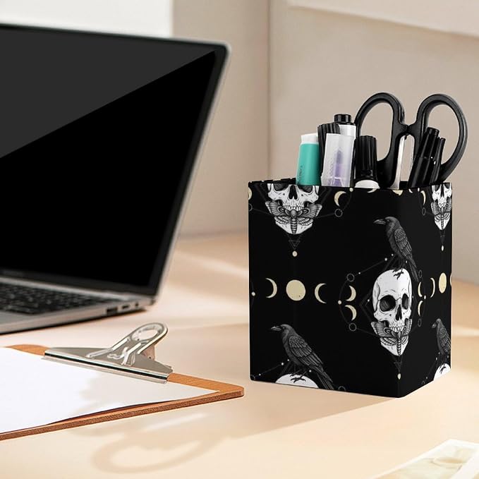 Men's Fashion Pencil Pen Holder Cup, Waterproof Office Supplies, Waterproof Multifunctional Office Supplies Black Raven Moon Skull