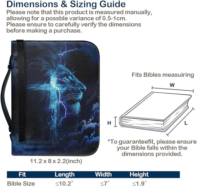 Bible Case with Handle and Zipper, Premium PU Leather Waterproof Bible Cover 11.2 x 8 x 2.2 Inches, Book Case for Standard Size Bibles with Pen Storage, Bible Accessories Gifts (Blue Lion)