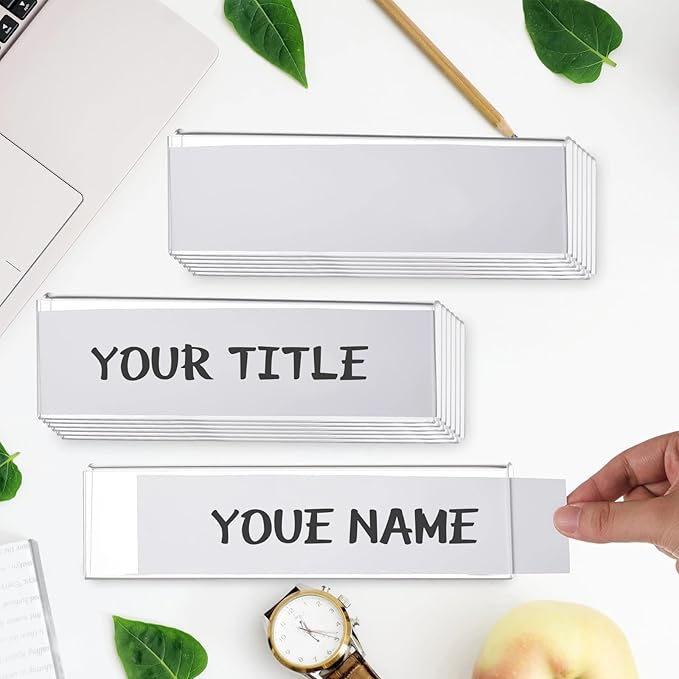 Wonderjune 25 Pack Plastic Cubicle Name Plate Holder 8.5" Wide x 2" High Glass Wall Name Plate Holder Clear Acrylic Sign Display Stand for Home Office Business (Suitable for 1" Cubicle Wall)