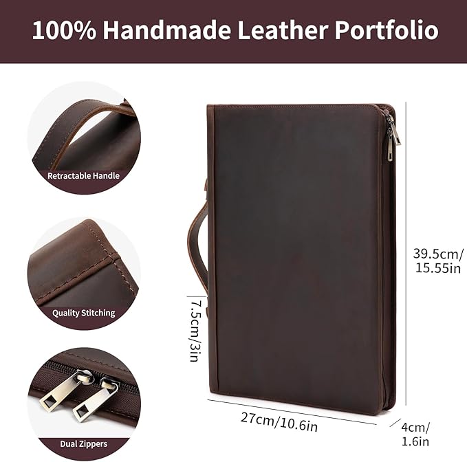 Genuine Leather 3 Ring Binder Portfolio, 8.5 x 14 Legal Size Pad Holder, Hidden Handle, Zippered Padfolio with 15” Laptop Organizer, Professional Business Folio for Men Women, Dark Brown