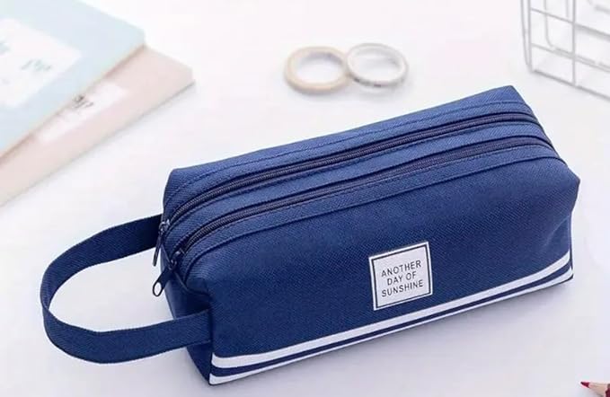 Large Capacity Pencil Case Organizer with 2 Zipper Pockets, Durable Canvas Stationery Bag for School and Office Supplies, Multi-Purpose Pen Pouch and Travel Storage Case (Navy)