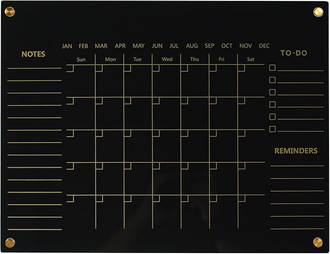 Black Acrylic Calendar Dry Erase for Wall, Family Planner, Monthly Calendar Dry Erase Whiteboard for Home, Office, 17" x 13"Reusable White Board(Acrylic-BK-3343)