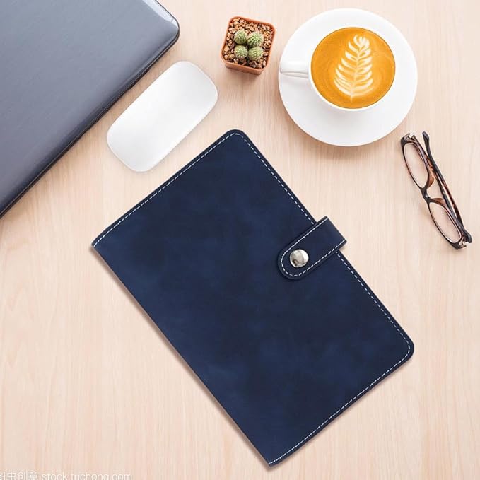 A6 PU Leather Binder Cover Refillable Soft Cover Travel Journal Notebook Protector Folder 6 Ring Planner Cover Loose Leaf Binder with Divider Pocket for Meeting Filler Paper Cash (Dark Blue)