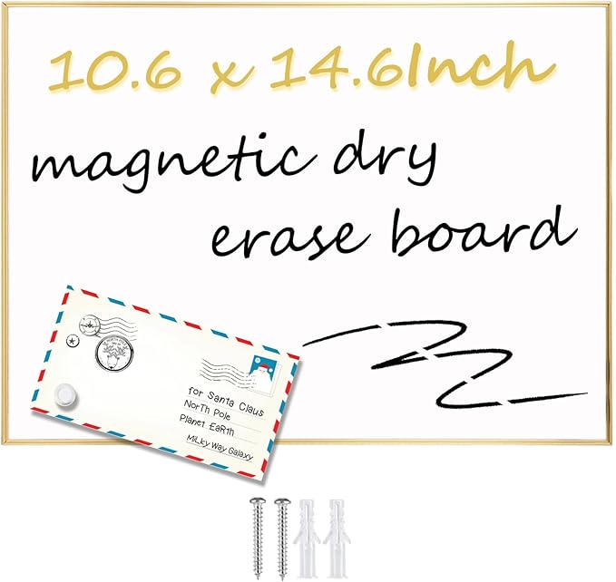 Dry Erase White Board, 10.6"x 14.6" Gold Aluminum Frame Magnetic Whiteboard for Wall Office,School,Home, Hanging Board for Decoration,Planning,Kitchen Grocery List,Drawing,Memo（BB-Gold-2737）