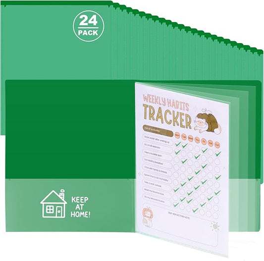 24 Pcs Back to School Take Home Folders for Elementary Students 2 Pocket Folders with Clear Front Pocket 4 Inner Pockets Plastic Parent Teacher Communication Folder 11.81 x 9.45 Inch (Green)
