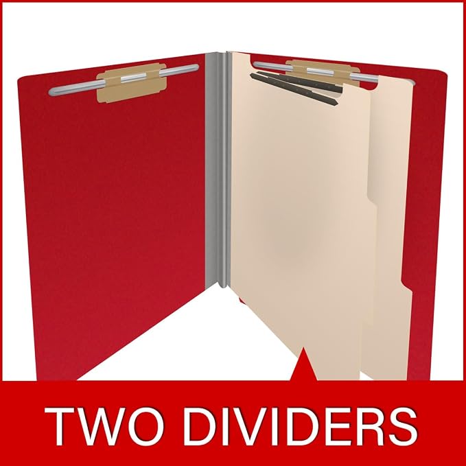 25 Pt. Pressboard Classification Folders, Full Cut End Tab, Letter Size, 2 Dividers, Deep Red (Box of 10)