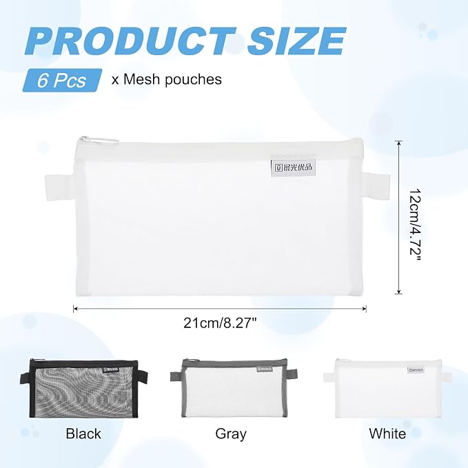 PATIKIL 6Pack Mesh Zipper Pouch Bags, 8.3" x 4.7" Nylon Mesh Pouch Waterproof Cosmetic Bags Pencil Holders Documents Pocket for Organization Travel Accessories Office Supplies, White