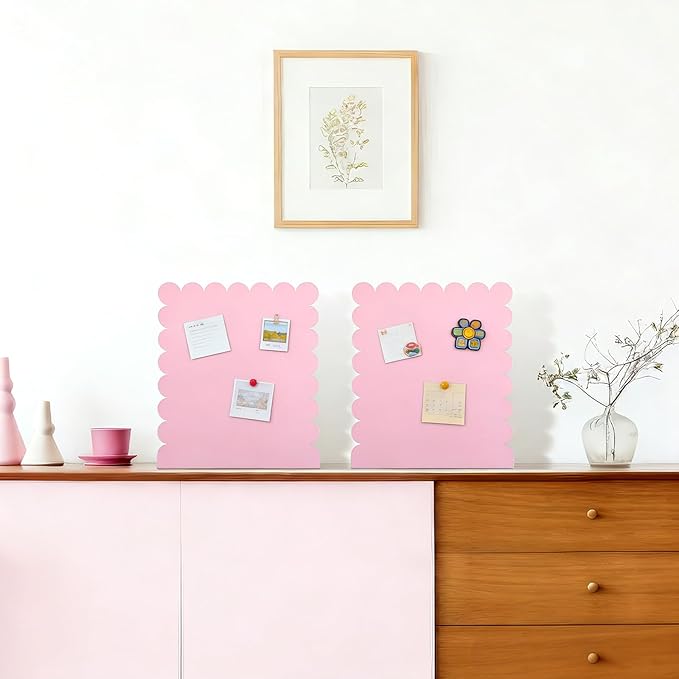 Gueevin 2 Pcs Magnet Board Standing Magnetic Metal Board for Desk and Wall 12.6" x 11" Scalloped Magnetic Display Stand for Memos, Photos and Documents Home Office School Supplies(Pink,Medium)