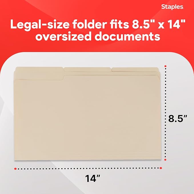 Staples Recycled File Folders, Legal Size, 1/3‑Cut Tabs, Manila, 30% Recycled Paper Stock, 100/Box