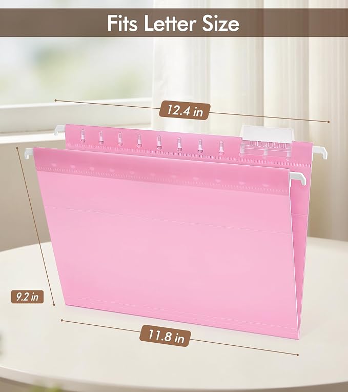 Plastic Hanging File Folders Letter Size, Colored Hanging File Folders with Tabs, Durable Waterproof Plastic Hanging Folders for Filing Cabinets, Office, School & Home Organization (15, Pink)