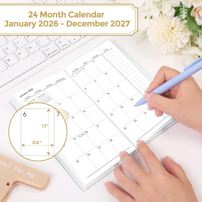 SKYDUE Pocket Calendar 2026-2027, Pocket Monthly Planner Jan 2026 - Dec 2027 for Purse, 6.7" X 3.7" 24-Month Small Planner, Academic Year Calendar, Compact Design with Plastic Sleeve