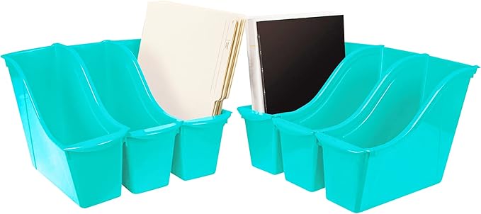 Storex Small Book Bin, Linking Storage Bin, Dry Erase Surface, 11.75" x 8.5" x 4.5" STEM Turquoise (Pack of 6)