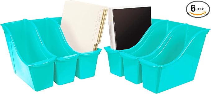Storex Small Book Bin – Interlocking Plastic Organizer for Home, Office and Classroom, Teal, 6-Pack (71114C06C)